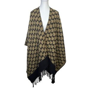 Michael‎ Kors Jacquard Fringe Logo Wrap Shawl Ruana Black Beige Acrylic Cashmere